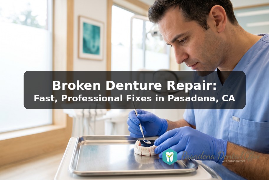 Gloved dentist examining a cracked full denture on a tray in a Pasadena dental office for broken denture repair