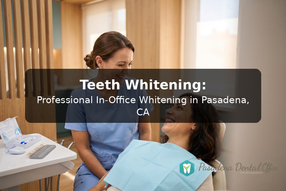 Teeth whitening in Pasadena, CA: hygienist holding a tooth shade guide beside a smiling patient