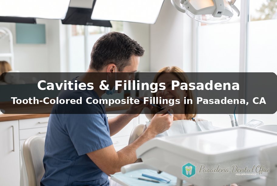 Dentist examining a smiling patient during a tooth-colored composite filling appointment at Pasadena Dental Office and Orthodontics