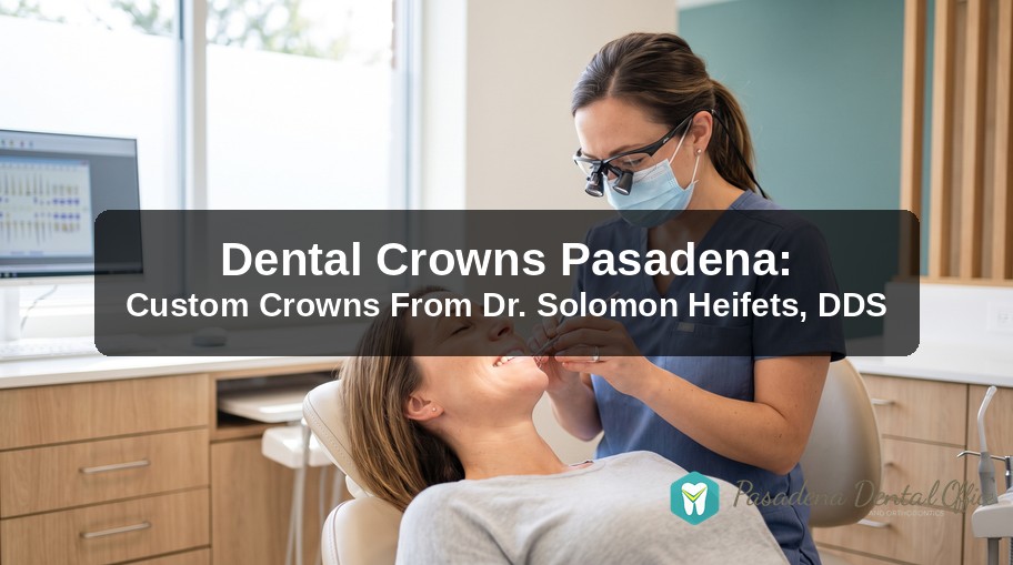 Dentist examining a patient's tooth before a dental crown procedure, Pasadena Dental Office and Orthodontics